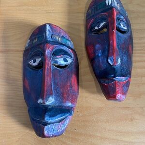 Handcrafted African Tribal Mask Wall Art - Red and Black - Vintage